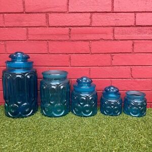 Vintage L.E. Smith Moon and Stars Colonial Blue Glass Canisters Set of 5